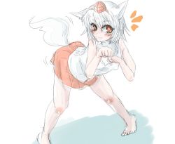 Rule 34 | 1girl, :3, ^^^, animal ears, bare shoulders, barefoot, blush, eseneko, hat, inubashiri momiji, looking at viewer, paw pose, pom pom (clothes), red eyes, shirt, short hair, silver hair, simple background, smile, solo, tail, tokin hat, touhou, traditional media, white background, wolf ears, wolf tail
