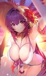 Rule 34 | 1girl, backlighting, bare shoulders, beach, bead bracelet, beads, bikini, blush, bracelet, breasts, cleavage, collarbone, damda, fate/grand order, fate (series), flower, grin, hair intakes, hat, hat flower, jewelry, large breasts, leaning forward, long hair, looking at viewer, ocean, outstretched arm, palm tree, purple hair, red eyes, scathach (fate), selfie, smile, solo, straw hat, sunlight, sunset, swimsuit, thighs, tree, white bikini