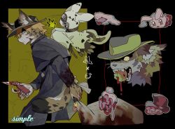 Rule 34 | 1boy, absurdres, animal ear fluff, animal ears, animal hands, apple, bag, black background, black capelet, black jacket, blonde hair, blood, blood on clothes, blood on hands, bloody weapon, body bag, body fur, brown eyes, brown fur, capelet, cat boy, cat ears, cat tail, charm (object), chinese commentary, claws, closed mouth, commentary request, commission, creature, cropped legs, dead animal, english text, facial hair, food, fruit, furry, furry male, goatee stubble, green background, green hat, guro, hat, highres, holding, holding bag, holding knife, implied murder, intestines, jacket, knife, long sleeves, looking at viewer, male focus, mouth hold, multiple wings, original, rabbit, short hair, standing, stubble, switchblade, tail, weapon, wings, yulei yuuuuu