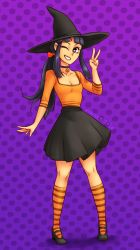 Rule 34 | 1girl, black eyes, black hair, breasts, chi-chi (dragon ball), cleavage, dragon ball, female focus, halloween, highres, long hair, looking at viewer, nortuet, one eye closed, revealing clothes, simple background, small breasts, smile, solo, v, wink