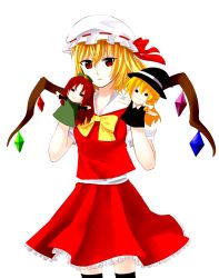 Rule 34 | 1girl, bad id, bad pixiv id, blonde hair, braid, expressionless, flandre scarlet, hand puppet, hat, hat ribbon, highres, hong meiling, kirisame marisa, looking at viewer, milk (bird-joa), mob cap, puffy short sleeves, puffy sleeves, puppet, red eyes, red hair, ribbon, short hair, short sleeves, side ponytail, simple background, single braid, skirt, skirt set, slit pupils, solo, thighhighs, touhou, twin braids, white background, witch hat, zettai ryouiki