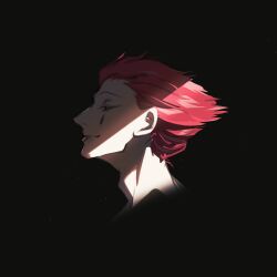 Rule 34 | 1boy, black background, commentary request, facepaint, facial mark, hair slicked back, highres, hisoka morow, hunter x hunter, light, male focus, profile, red hair, short hair, simple background, smile, solo, teardrop facial mark, teardrop tattoo, titi king, upper body