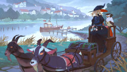 Rule 34 | 1girl, 2others, animal, bird, black dress, blonde hair, blue eyes, boat, braid, braided ponytail, building, cloud, cloudy sky, cobblestone, commentary, dress, elf, english commentary, expressionless, goat, grass, hat, highres, jewelry, multiple others, necklace, original, owl, pier, pointy ears, river, scenery, seaweed, sitting, sky, timbougami, treasure chest, tree, watercraft, witch hat