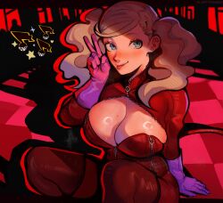 Rule 34 | 1girl, absurdres, blonde hair, blue eyes, bodysuit, breasts, breasts out, cleavage, fluffydango, highres, large breasts, mole, mole on breast, persona, persona 5, shiny skin, sitting, smile, solo, takamaki anne, tongue, tongue out, twintails, unzipped, v