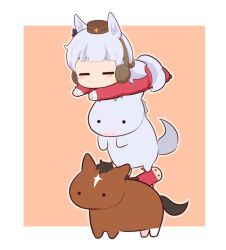 Rule 34 | 1girl, animal, animal ears, blush, brown background, brown hat, character request, chibi, closed eyes, ear covers, facing viewer, gintama, gold ship (umamusume), gomashio (goma feet), grey hair, hat, horse, horse ears, horse girl, horse tail, jacket, justaway, long hair, lying, mini hat, on stomach, pants, red jacket, red pants, tail, track jacket, track pants, track suit, two-tone background, umamusume, very long hair, white background