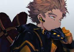 Rule 34 | 1boy, alternate costume, artist name, bird mask, black jacket, blonde hair, boku no hero academia, commentary, earbuds, earphones, earpiece, english commentary, facial mark, feathered wings, gloves, glowing, harness, hawks (boku no hero academia), holding, holding mask, jacket, looking away, male focus, mask, mask around neck, unworn mask, mm39572, mouth mask, neon trim, orange gloves, pale skin, red wings, short hair, solo, watermark, white background, wings, yellow eyes