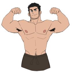 Rule 34 | 1boy, abs, akunaakun (kunkun586586), apron, armpit hair, armpits, bara, beard stubble, black hair, cropped legs, double biceps pose, facial hair, flat color, flexing, groin, highres, large pectorals, long sideburns, looking at viewer, lucas lee, male focus, muscular, muscular male, navel, navel hair, nipples, pectorals, scott pilgrim (series), scott pilgrim takes off, short hair, sideburns, smile, solo, stomach, stubble, thick eyebrows, topless male, waist apron, white background