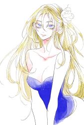 Rule 34 | 1girl, absurdres, blonde hair, blue eyes, breasts, cleavage, closed mouth, dress, flower, gensou suikoden, gensou suikoden i, hair flower, hair ornament, highres, large breasts, long hair, looking at viewer, mina (suikoden), simple background, smile, solo, white background, white flower
