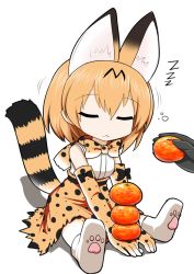 Rule 34 | 10s, 1girl, animal ears, bare shoulders, blonde hair, bow, bowtie, cat ears, cat tail, commentary request, elbow gloves, closed eyes, food, fruit, gloves, kagami mochi, kemono friends, mandarin orange, serval (kemono friends), serval print, serval tail, short hair, sitting, sleeping, sleeveless, solo, sudou noboru, tail, zzz