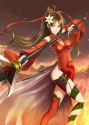 Rule 34 | 1girl, bad id, bad pixiv id, breasts, brown hair, china dress, chinese clothes, cleavage, detached sleeves, dragon tattoo, dress, embers, flower, green eyes, hair flower, hair ornament, holding, holding weapon, long hair, original, outstretched arm, polearm, ponytail, red dress, smile, solo, spear, tattoo, weapon, yukikaze (aaassszzz)