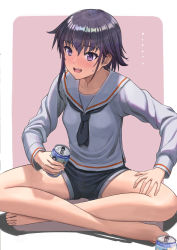 Rule 34 | ..., 1girl, alternate costume, asymmetrical hair, barefoot, blush, breasts, can, denim, denim shorts, holding, holding can, i-14 (kancolle), indian style, kantai collection, long sleeves, open mouth, purple eyes, purple hair, sailor collar, school uniform, serafuku, short hair, shorts, simple background, sitting, small breasts, solo, sweat, tantaka, two-tone background, white sailor collar