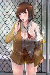 Rule 34 | 1girl, absurdres, bare legs, black bra, black eyes, blush, bra, bra visible through clothes, breath, brown hair, brown jacket, collar, collared shirt, fellatio gesture, gate, hand up, head tilt, highres, jacket, kurihara chiyo (prison school), long sleeves, looking at viewer, miniskirt, nervous sweating, open clothes, open shirt, parted lips, prison school, removing jacket, school uniform, see-through, see-through shirt, shirt, skirt, sparkle, steam, sweat, sweaty clothes, tongue, tongue out, underwear, very sweaty, voidmakerz, wet, wet clothes, white shirt