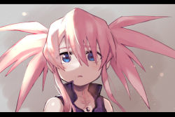 Rule 34 | 1girl, atte nanakusa, blue eyes, blush, grey background, highres, letterboxed, looking at viewer, medium hair, parted lips, pink hair, presea combatir, simple background, solo, tales of (series), tales of symphonia, twintails, upper body, wide-eyed