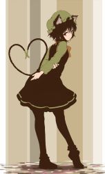 Rule 34 | 1girl, animal ears, arms behind back, brown eyes, brown hair, cat ears, cat tail, chen, earrings, hat, heart, heart tail, highres, jewelry, kachayori, looking back, multiple tails, nekomata, pantyhose, shoes, short hair, single earring, smile, solo, striped, striped background, tail, touhou
