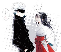 Rule 34 | 1boy, 1girl, black hair, brown hair, commentary request, covered eyes, gojou satoru, grey hair, hand in pocket, hands on own hips, height difference, highres, iori utahime, japanese clothes, jujutsu kaisen, long hair, miko, noctis341, scar, scar on face, short hair, translation request