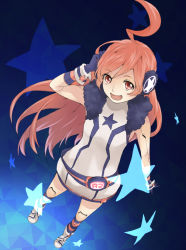 Rule 34 | 1girl, ahoge, android, bad id, bad pixiv id, belt, booota, boots, buuta, dress, gloves, headphones, kneehighs, long hair, red eyes, red hair, sf-a2 miki, smile, socks, solo, star (symbol), striped clothes, striped gloves, striped socks, vocaloid, wrist cuffs