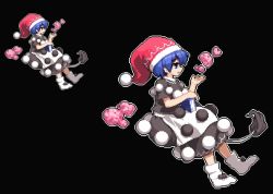 Rule 34 | 1girl, bad id, bad twitter id, black background, black dress, blue eyes, blue hair, book, commentary request, doremy sweet, dress, from side, full body, hat, heart, holding, holding book, namako daibakuhatsu, nightcap, no shoes, open mouth, pixel art, pom pom (clothes), profile, red hat, santa hat, short sleeves, simple background, socks, tail, tapir tail, touhou, white legwear