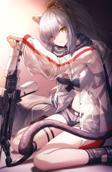 Rule 34 | 1girl, absurdres, animal ear fluff, animal ears, arknights, bare legs, black scarf, bow (weapon), breasts, cat ears, cat tail, commentary, crop top, crossbow, grey shorts, head tilt, highres, huge filesize, jacket, k0a, large breasts, long hair, long sleeves, looking at viewer, midriff, navel, open clothes, open jacket, planted, scarf, schwarz (arknights), see-through, shadow, short shorts, shorts, silver hair, sitting, solo, stomach, tail, thigh strap, thighs, wariza, weapon, yellow eyes