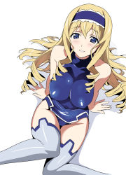 Rule 34 | 10s, 1girl, arm support, bare shoulders, blonde hair, blue eyes, blush, bodysuit, breasts, cecilia alcott, covered erect nipples, drill hair, dutch angle, from above, grey thighhighs, hair spread out, hairband, halterneck, impossible clothes, infinite stratos, lace, large breasts, leotard, long hair, looking at viewer, pilot suit, shadow, shiny clothes, sidelocks, simple background, sitting, skin tight, smile, solo, takeda hiromitsu, thighhighs, turtleneck, very long hair, white background