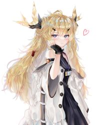 Rule 34 | 1girl, 414 (hncx3355), ahoge, arknights, bare shoulders, black dress, black gloves, blonde hair, blush, coat, dress, fingerless gloves, gloves, hand on own cheek, hand on own face, heart, highres, horns, id card, korean commentary, leizi (arknights), long hair, looking at viewer, off shoulder, purple eyes, simple background, solo, upper body, very long hair, white background, white coat