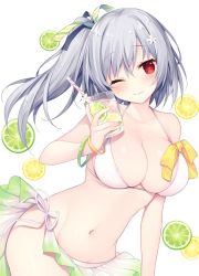 Rule 34 | 1girl, bikini, blush, breasts, character request, collarbone, cowboy shot, cup, drinking glass, drinking straw, food, fruit, hair ribbon, heart, heart-shaped pupils, highres, large breasts, lemon, lemon slice, lime (fruit), lime slice, long hair, looking at viewer, miko (royal milk), navel, one eye closed, raco (miko 92), red eyes, ribbon, side-tie bikini bottom, side ponytail, silver hair, smile, solo, standing, swimsuit, symbol-shaped pupils, white bikini