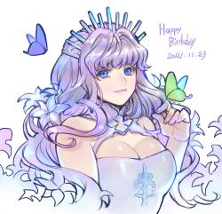 Rule 34 | 1girl, blue eyes, breasts, bug, butterfly, cleavage, dated, eyebrows hidden by hair, flower, green butterfly, hair flower, hair ornament, happy birthday, head tilt, insect, kimidori (kimidoriri), long hair, looking at viewer, macross, macross frontier, medium breasts, nail polish, purple butterfly, purple hair, purple nails, sheryl nome, smile, solo, white background