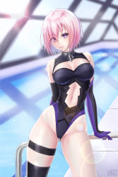 Rule 34 | 1girl, adapted costume, arm support, bad id, bad pixiv id, bare shoulders, black thighhighs, breasts, breasts apart, cleavage cutout, clothing cutout, cowboy shot, day, elbow gloves, eyes visible through hair, fate/grand order, fate (series), gloves, gorget, hair over one eye, highleg, highleg swimsuit, highres, indoors, leaning to the side, legs apart, lens flare, leotard, looking at viewer, mash kyrielight, medium breasts, narrow waist, navel, navel cutout, one-piece swimsuit, pink hair, pool, poolside, purple eyes, railing, rei no pool, short hair, single thighhigh, skindentation, smile, solo, sparkle, standing, sun, sunday se7en, swimsuit, taut clothes, taut swimsuit, thigh strap, thighhighs, thighs, water