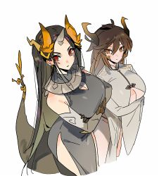 Rule 34 | 2girls, azhdaha (genshin impact), bare shoulders, black hair, breasts, brown hair, chinese clothes, cleavage, cleavage cutout, closed mouth, clothing cutout, crossed arms, dragon horns, elbow gloves, genderswap, genderswap (mtf), genshin impact, gloves, hair between eyes, highres, horns, large breasts, long hair, long sleeves, looking at viewer, mi2100, multiple girls, open mouth, red eyes, simple background, sleeveless, smile, tail, white background, yellow eyes, zhongli (genshin impact)