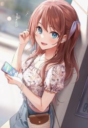 Rule 34 | 1girl, :d, against pillar, aqua eyes, bad id, bad twitter id, bag, blurry, blurry background, blush, breasts, brown hair, cellphone, cleavage, collarbone, cropped shirt, earphones, floral print, frilled shirt, frilled sleeves, frills, from side, hair ribbon, heart, highres, holding, holding phone, jewelry, long hair, looking at viewer, midriff, necklace, open mouth, original, outdoors, phone, puffy short sleeves, puffy sleeves, ribbon, shirt, short sleeves, shoulder bag, skirt, smartphone, smile, solo, standing, translation request, two side up, wireless earphones, zattape