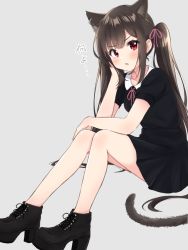 Rule 34 | 1girl, animal ear fluff, animal ears, black dress, black footwear, black hair, blush, boots, cat ears, cat girl, cat tail, collarbone, collared dress, commentary request, cross-laced footwear, dress, grey background, hand up, haru (re ilust), high heel boots, high heels, lace-up boots, long hair, looking at viewer, neck ribbon, original, parted lips, pink ribbon, pleated dress, puffy short sleeves, puffy sleeves, red eyes, ribbon, short sleeves, simple background, solo, tail, thighs, translation request, twintails, v-shaped eyebrows, very long hair