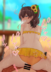 Rule 34 | 1boy, 1girl, absurdres, ahoge, aqua eyes, ass, back, bar censor, beach, bikini, blurry, blurry background, brown hair, censored, determined, finger to mouth, flower, grin, hair flower, hair ornament, highres, hololive, natsuiro matsuri, natsuiro matsuri (hololive summer 2019), penis, reverse cowgirl position, ryuhei0515teri, sex, sex from behind, side ponytail, smile, straddling, sweat, swimsuit, tan, tanline, virtual youtuber