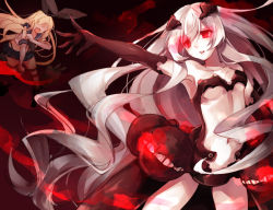 Rule 34 | 10s, 2girls, abyssal ship, anchorage princess, blonde hair, elbow gloves, gloves, glowing, glowing eyes, kantai collection, long hair, multiple girls, pale skin, personification, red eyes, shimakaze (kancolle), showgirl skirt, silver hair, striped clothes, striped legwear, striped thighhighs, thighhighs, toosaka asagi