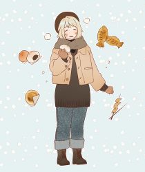 Rule 34 | 1girl, ^ ^, arm at side, baozi, black footwear, black shirt, blonde hair, blush, boots, breath, brown gloves, brown hat, brown jacket, brown scarf, brown sweater, closed eyes, cross-laced footwear, denim, dumpling, dungeon meshi, falin touden, falin touden (tallman), food, food wrapper, full body, gloves, hand up, happy, hat, holding, holding food, jacket, jeans, lace-up boots, long sleeves, pants, pants rolled up, scarf, shirt, short hair, skewer, snowing, solo, standing, sweater, taiyaki, turtleneck, wagashi, winter clothes, zizon galbi