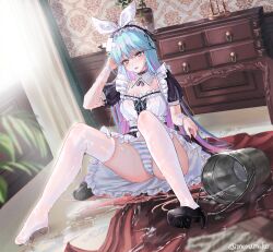 Rule 34 | 1girl, black dress, blue panties, blush, bow, bucket, bucket of water, bucket spill, clumsy, dress, feet, frills, hair bow, highres, indoors, knees up, legs, long hair, maid, maid headdress, merumeko, multicolored hair, no shoes, open mouth, original, panties, pantyshot, puffy short sleeves, puffy sleeves, see-through, short sleeves, solo, spill, star-shaped pupils, star (symbol), striped clothes, striped panties, symbol-shaped pupils, thighhighs, thighs, toes, two-tone hair, underwear, upskirt, water, wet, wet clothes, wet panties