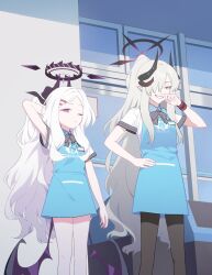 Rule 34 | 2girls, absurdres, angel&#039;s 24 uniform (blue archive), apron, black halo, blanchat, blue apron, blue archive, demon horns, demon wings, grin, hair ornament, hairclip, halo, hand on own face, hand on own hip, highres, hina (blue archive), horns, looking at viewer, makoto (blue archive), multiple girls, pointy ears, purple eyes, smile, white hair, wings