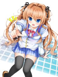 Rule 34 | &gt;:), &gt;:d, 1girl, :d, bad id, bad pixiv id, black thighhighs, blonde hair, blue eyes, blush, bow, highres, iroba, loafers, long hair, open mouth, original, pointing, school uniform, shoes, skirt, smile, solo, thighhighs, two side up, v-shaped eyebrows, zettai ryouiki