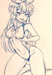 Rule 34 | 1girl, alternate costume, bare legs, barefoot, breast hold, breasts, commentary request, competition swimsuit, covered navel, d-m (dii emu), eyelashes, greyscale, hat, long hair, looking at viewer, mob cap, monochrome, naughty face, one-piece swimsuit, open mouth, small breasts, swimsuit, touhou, yakumo yukari