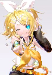 Rule 34 | 1girl, arm warmers, bare shoulders, belt, black shorts, blonde hair, blue eyes, bow, closed mouth, crop top, foreshortening, grey background, hair bow, hair ornament, hairclip, hand on headphones, headphones, index finger raised, kagamine rin, looking at viewer, nail polish, neckerchief, one eye closed, outstretched arm, pointing, sailor collar, sawashi (ur-sawasi), school uniform, shirt, short hair, shorts, sleeveless, sleeveless shirt, smile, solo, star (symbol), swept bangs, upper body, vocaloid, white bow, white shirt, yellow nails, yellow neckerchief