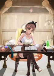 Rule 34 | 1girl, absurdres, atelier (series), atelier ryza, atelier ryza 1, bare shoulders, bed, bedroom, belt, blue belt, book, boots, breasts, bridal legwear, broom, brown eyes, brown gloves, brown hair, cleavage, desk, flask, gloves, hair ornament, halterneck, highres, inkwell, jacket, jewelry, khayman, leather, leather gloves, medium breasts, necklace, pen, red shorts, reisalin stout, round-bottom flask, rug, short hair, short shorts, shorts, single glove, sitting, sleeveless, sleeveless jacket, solo, star (symbol), star necklace, studying, thick thighs, thighs, toeless footwear, tongue, tongue out, white headwear, wooden wall, yellow jacket
