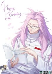 Rule 34 | 3boys, artist request, book, closed eyes, closed mouth, colored eyelashes, commentary request, dated, english text, glasses, guest art, happy birthday, harada minoru, hatsutori hajime, highres, holding, holding book, long hair, long sleeves, male focus, multiple boys, parted bangs, pink hair, saibou shinkyoku, second-party source, shirt, simple background, smile, utsugi noriyuki, white background, white shirt