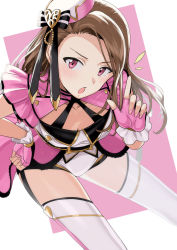 Rule 34 | 1girl, bent over, blush, breasts, brown hair, cleavage, fingerless gloves, forehead, garter straps, gloves, hand gesture, hat, highres, idol, idolmaster, long hair, looking at viewer, looking down, minase iori, pink eyes, short shorts, shorts, simple background, small breasts, thighhighs, top! clover (idolmaster), tsurui, white thighhighs