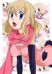 Rule 34 | 1girl, all fours, blonde hair, blue eyes, blush, breasts, chibi, cowboy shot, dress, elbow gloves, flower, fur trim, gloves, hainchu, hair behind ear, highres, looking at viewer, medium breasts, open mouth, pink background, pink dress, pink scarf, purple sleeves, scarf, tongue, tongue out, yamagata korisa