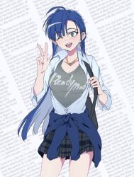 Rule 34 | 1girl, ado (utaite), ahoge, bag, black bag, blue cardigan, blue eyes, blue hair, blush, breasts, cardigan, cardigan around waist, cleavage, clothes around waist, collarbone, commentary, dress shirt, grey shirt, grey skirt, gyaru, hand up, jewelry, long hair, medium breasts, merry (ado), necklace, ohiyaglass, one eye closed, open mouth, plaid clothes, plaid skirt, pleated skirt, readymade (ado), school bag, school uniform, shirt, skirt, solo, teeth, upper teeth only, v, w, white shirt