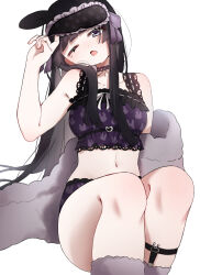 Rule 34 | 1girl, :o, adjusting eyewear, arm at side, bare shoulders, black hair, blush, breasts, cardigan, collarbone, dot nose, eye mask, feet out of frame, frilled shirt, frills, grey cardigan, grey socks, hand up, head tilt, highres, kneehighs, legs together, long hair, looking at viewer, mask, mask on head, medium breasts, midriff, navel, nijisanji, off shoulder, one eye closed, open cardigan, open clothes, open mouth, purple eyes, purple shirt, purple shorts, sanma (pixiv 67210960), shirt, shorts, sidelocks, simple background, sitting, sleep mask, sleepy, sleeveless, sleeveless shirt, socks, solo, stomach, straight hair, thighs, tsukino mito, tsukino mito (loungewear), white background