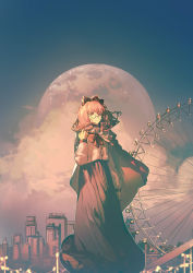 Rule 34 | 1girl, absurdres, black bow, blue sky, bow, bowtie, brown bow, brown bowtie, brown cape, brown dress, brown eyes, brown hair, building, cape, city, closed mouth, cloud, commentary, dress, english commentary, feet out of frame, ferris wheel, glasses, hair bow, highres, lobelia (saclia), long hair, long sleeves, moon, original, sky, skyline, solo