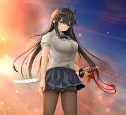 Rule 34 | 1girl, azur lane, blue skirt, bow, breasts, brown eyes, brown hair, brown pantyhose, collared shirt, commentary request, dress shirt, hair between eyes, highres, holding, holding sword, holding weapon, horns, katana, long hair, looking at viewer, mctom, medium breasts, miniskirt, panties, panties under pantyhose, pantyhose, pleated skirt, purple bow, red bow, school uniform, sheath, sheathed, shirt, short sleeves, skirt, solo, striped, striped bow, suzuya (azur lane), sword, thighband pantyhose, underwear, very long hair, weapon, white panties, white shirt
