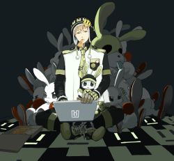 Rule 34 | 10s, 1boy, bad id, bad pixiv id, badge, blonde hair, boots, buck teeth, rabbit, button badge, buttons, computer, cross-laced footwear, dramatical murder, food, green eyes, hat, indian style, lace-up boots, laptop, lip piercing, long sleeves, looking at viewer, male focus, motorboots, necktie, no eyebrows, noiz (dramatical murder), nose piercing, piercing, pizza, pizza box, safety pin, screen light, short hair, sitting, solo, studded bracelet, stuffed animal, stuffed rabbit, stuffed toy, teeth, tongue