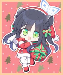 Rule 34 | 1girl, animal ears, black hair, blue archive, blue halo, blush, boots, full body, green eyes, halo, hat, highres, long hair, long sleeves, looking at viewer, mittens, open mouth, pants, pom pom (clothes), red footwear, red hat, red mittens, santa costume, santa hat, shun (blue archive), shun (small) (blue archive), smile, solo, surps, tiger ears, white pants
