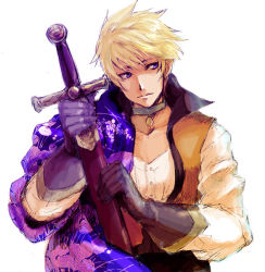 Rule 34 | 00s, blonde hair, blue eyes, choker, gloves, guy cecil, male focus, sheath, sheathed, solo, sword, tales of (series), tales of the abyss, weapon, white background