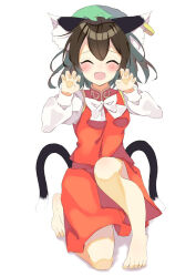 Rule 34 | 1girl, ^ ^, animal ear fluff, animal ears, barefoot, blush, brown hair, cat ears, cat girl, cat tail, chen, claw pose, closed eyes, commentary request, double-parted bangs, ear piercing, facing viewer, fang, floating hair, full body, green hat, hair between eyes, hands up, hat, long sleeves, medium hair, mob cap, multiple tails, on one knee, open mouth, piercing, red shirt, red skirt, seika okawari, shirt, simple background, skirt, sleeveless, sleeveless shirt, smile, solo, straight-on, tail, touhou, two tails, white background, white shirt